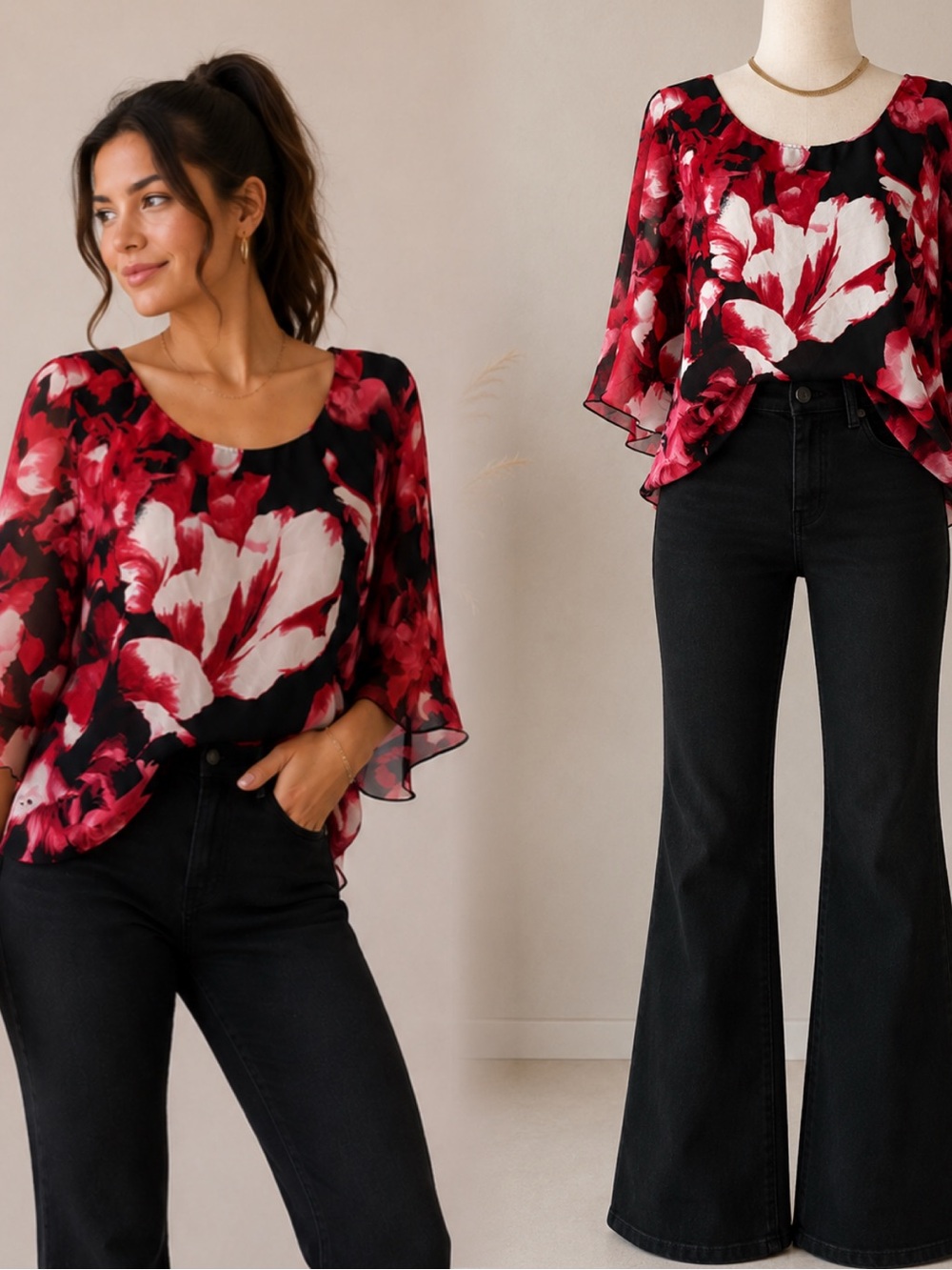 AB Studio Black and Red Floral Lined Top